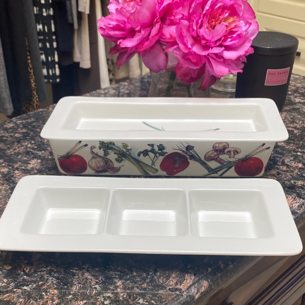 Ceramic Vegetable Motif Divided Serving Dish - EUC !